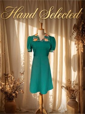 Vintage Handmade Forest Green Puff Sleeve Floral Collar Midi Dress Cottagecore S